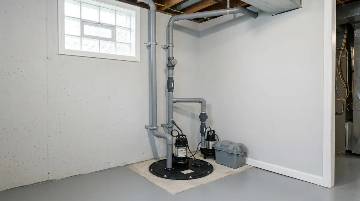 Sump pump with a battery backup in a basement
