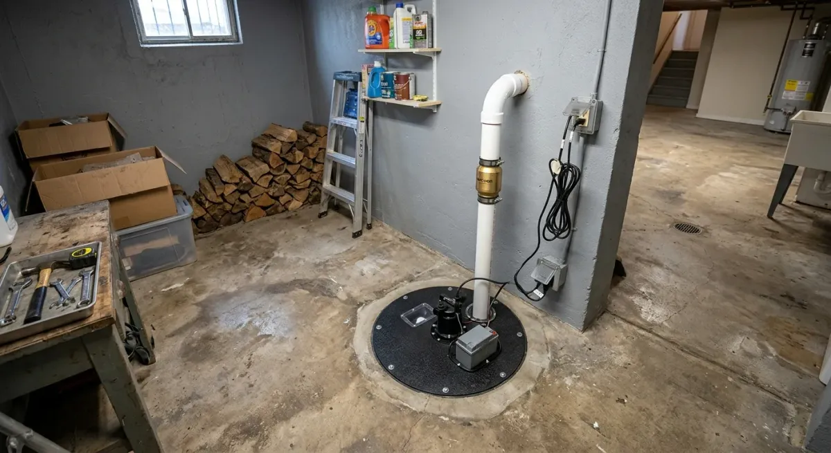 Sump pump pit in a basement workshop