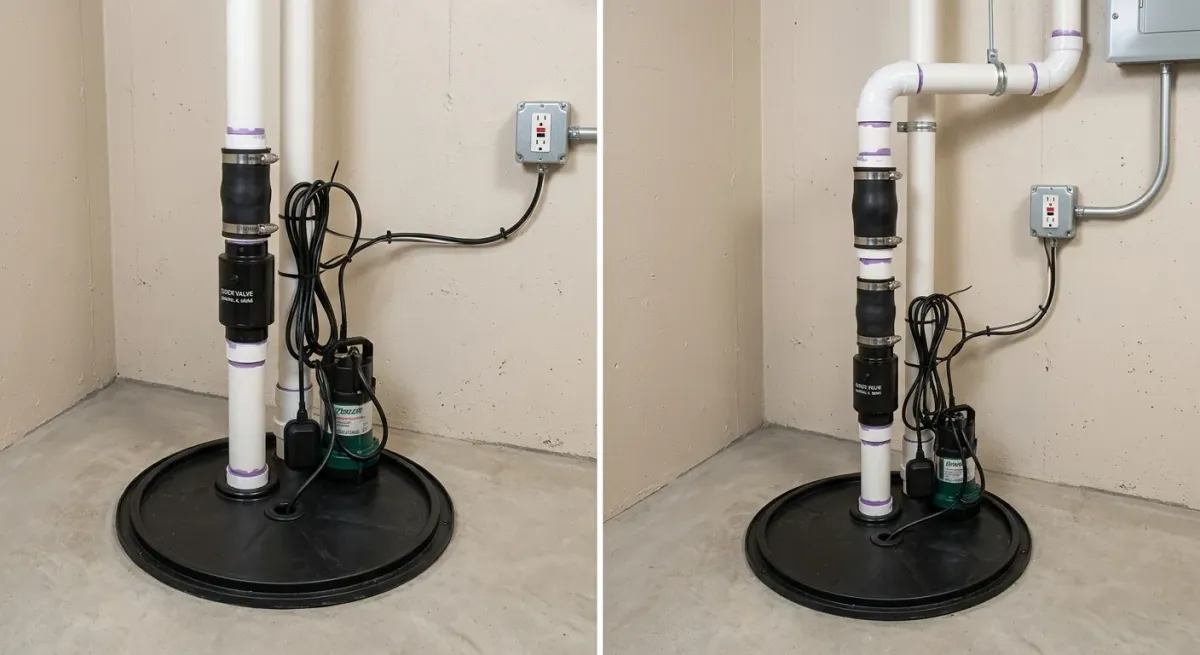 Sump pump and discharge pipe in a basement pit, two views