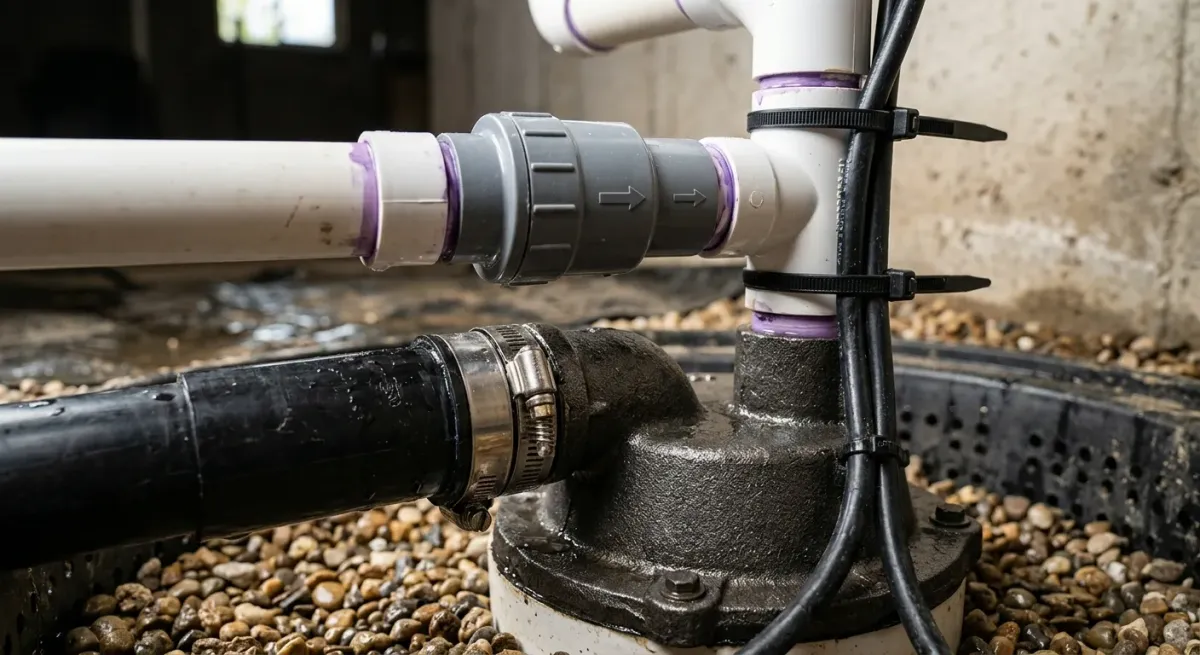 Sump pump discharge piping in a gravel-lined pit