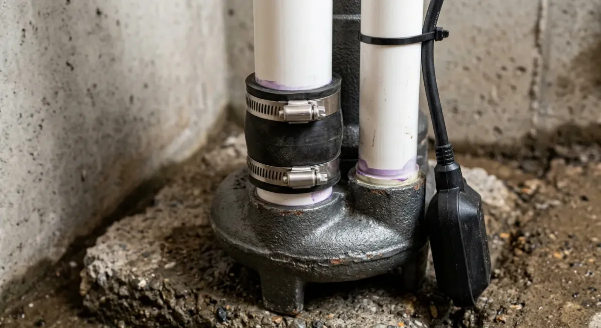 Sump pump discharge pipes in a basement pit