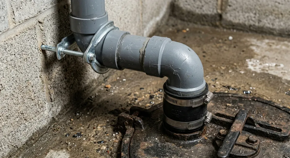 Gray PVC drain pipe entering a floor pit
