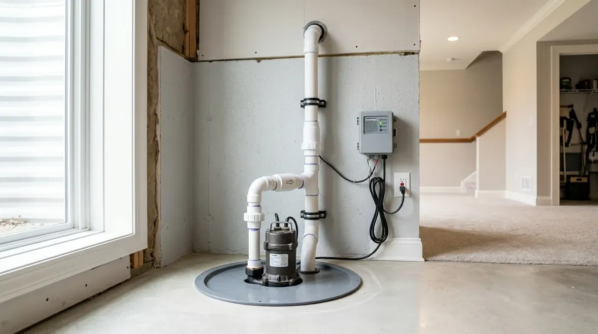 Sump pump in a finished basement corner