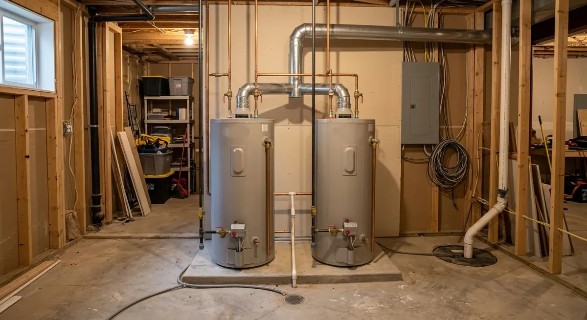 Two water heaters in a basement