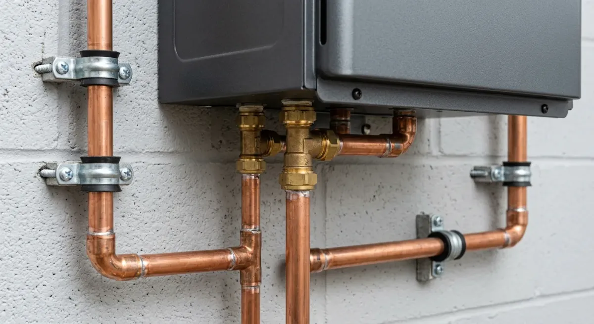 Copper piping under a wall-mounted tankless water heater