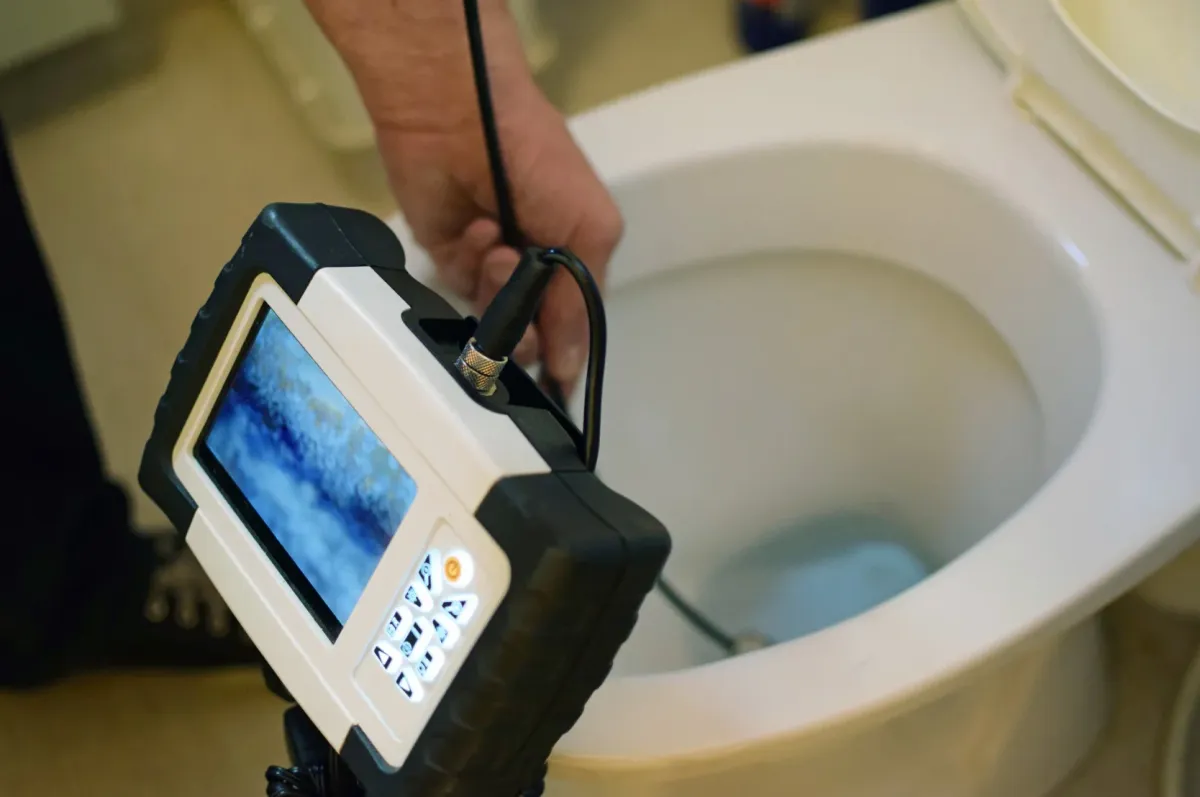 Thermal imaging camera inspection of a toilet in a bathroom during a plumbing diagnostic assessment.