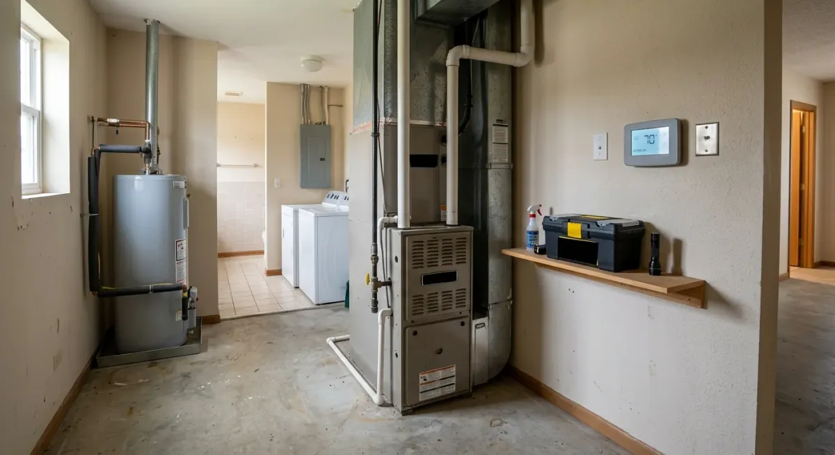 Utility room with a furnace and wall thermostat