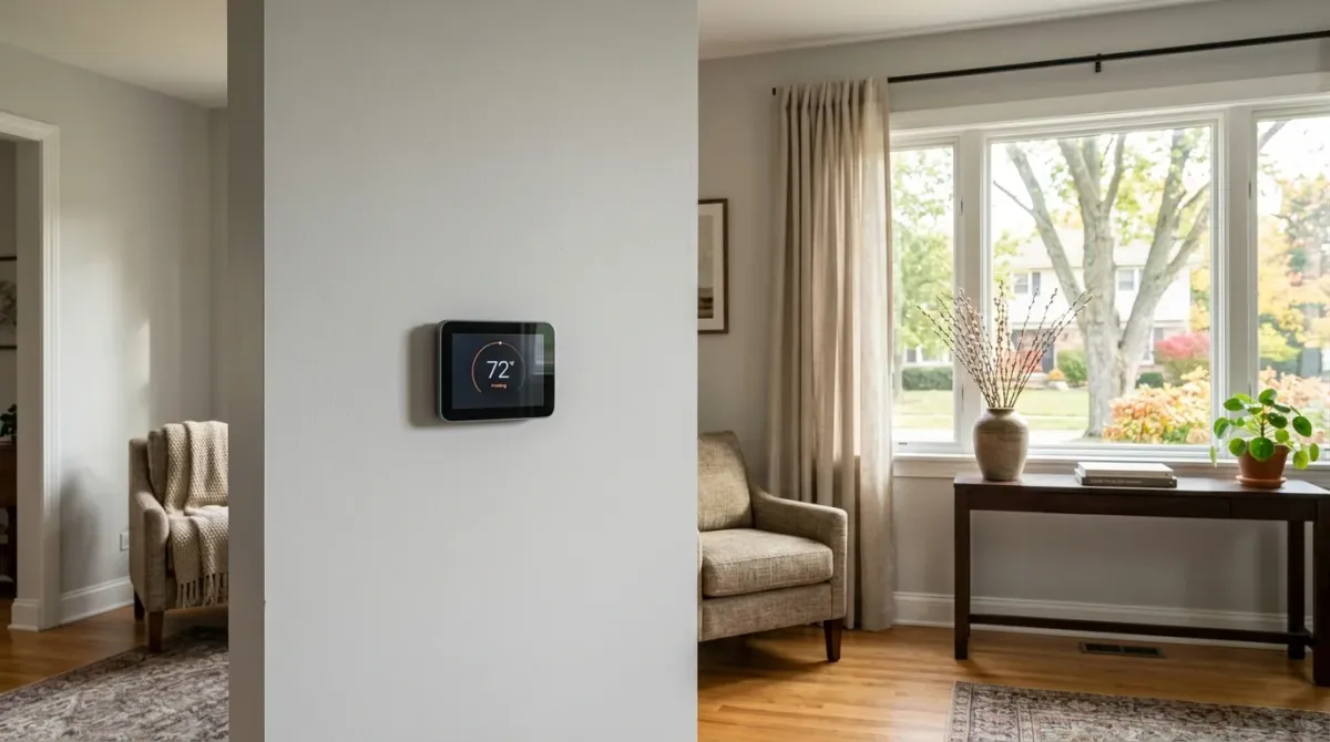 Digital thermostat on a living room wall