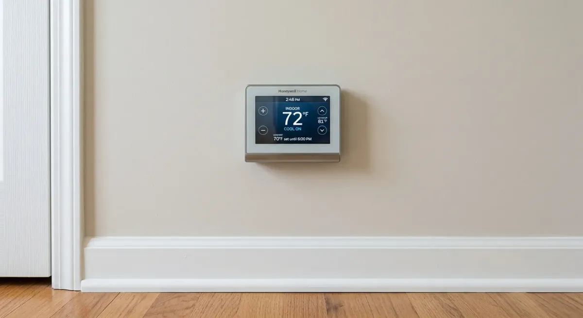 Digital thermostat on a living room wall