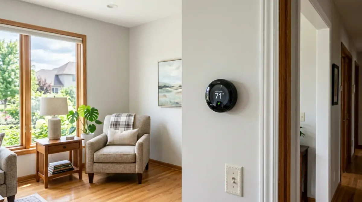 Round smart thermostat beside a reading nook