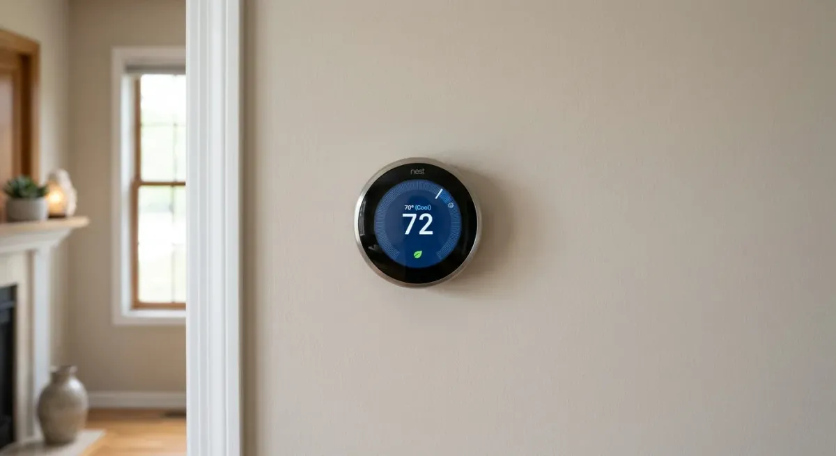 Round smart thermostat on a hallway wall