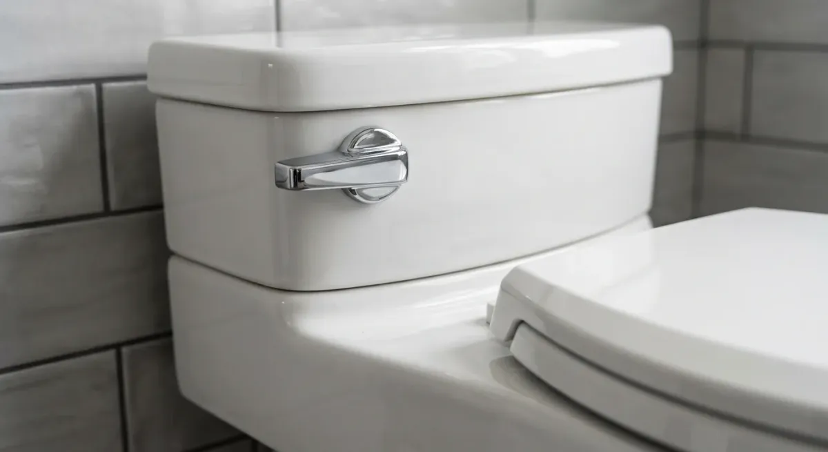 Close-up of a toilet tank and flush handle