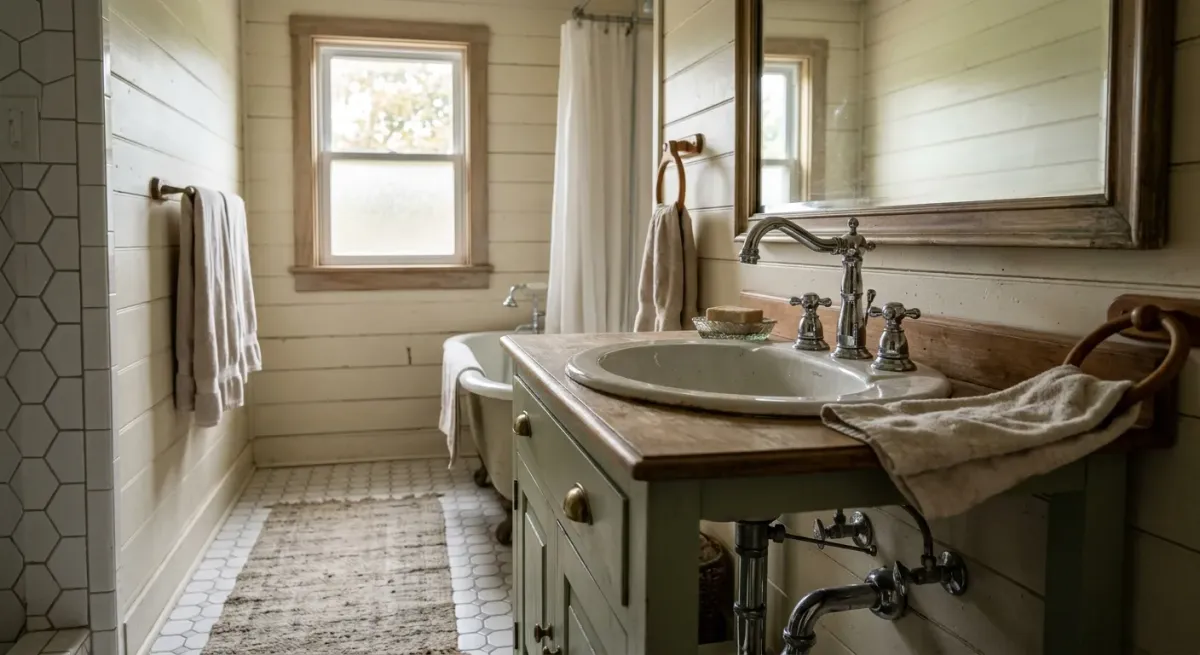 Farmhouse-style bathroom with a vintage vanity