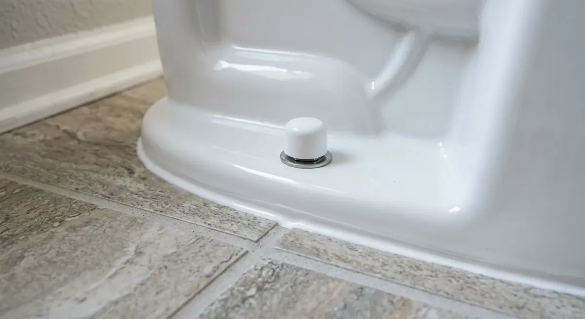 Close-up of a toilet base on a tile floor