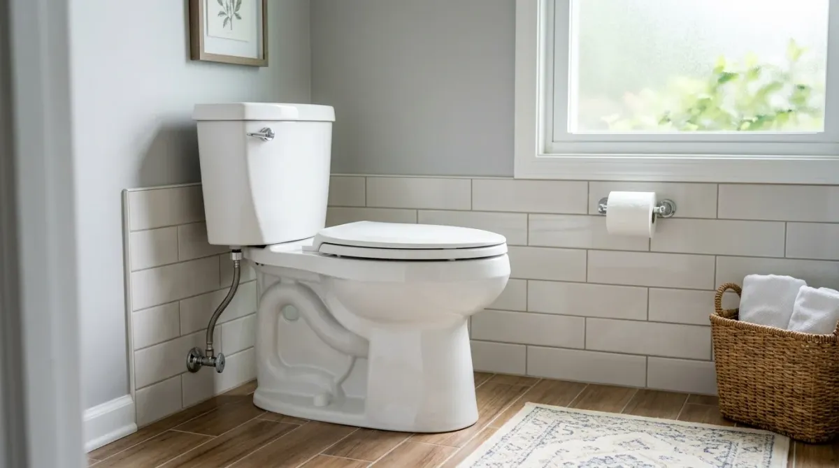 White toilet in a bathroom with a tiled wall