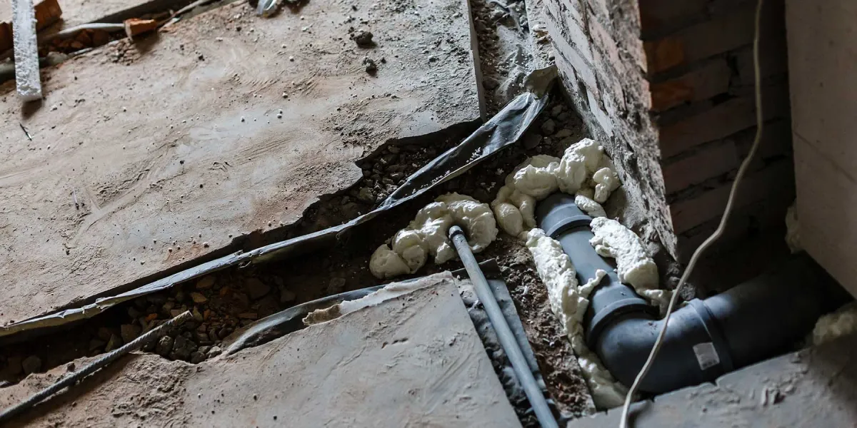 Underground drainage pipe installation with soil and concrete foundation work at a construction site.