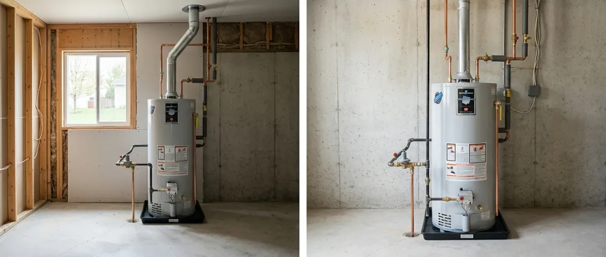 Gas water heater in a basement, two views