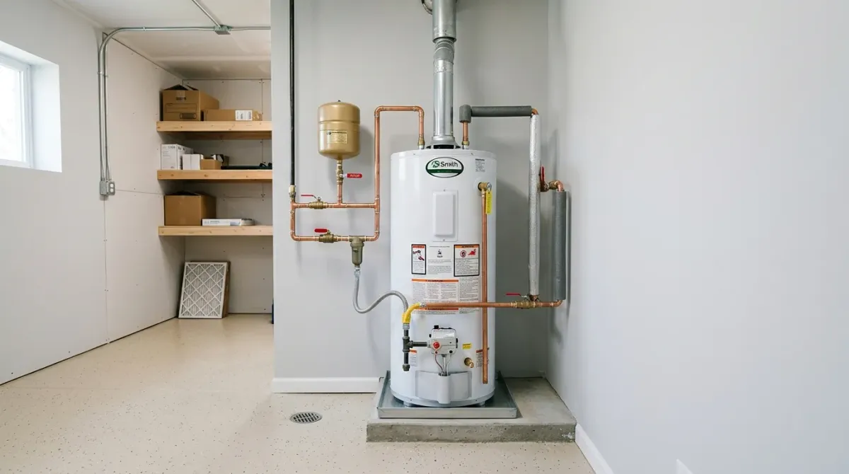 Tank water heater in a basement
