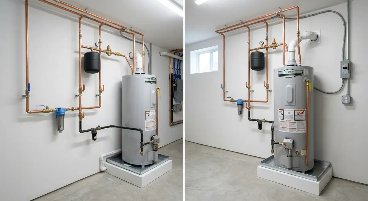 Water heater with new copper piping, two views