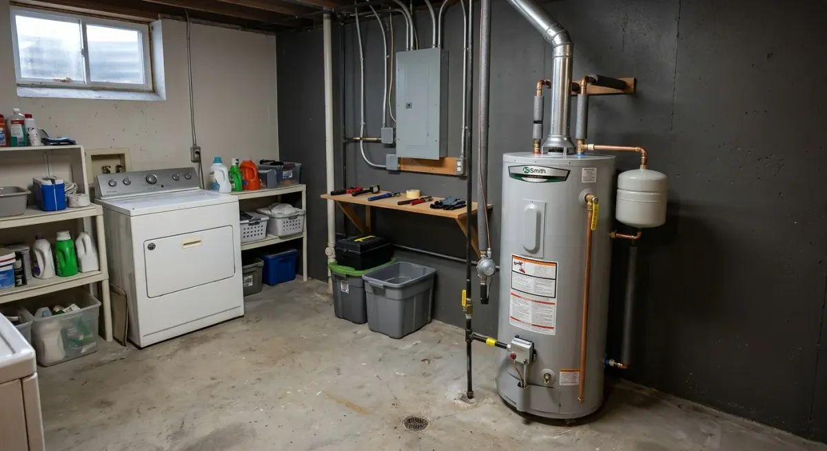 Basement laundry area with a water heater
