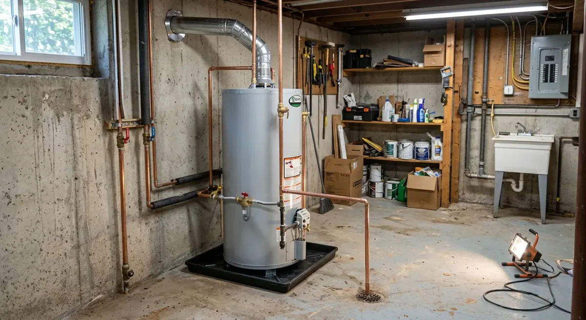 Water heater in a drain pan in a basement workshop