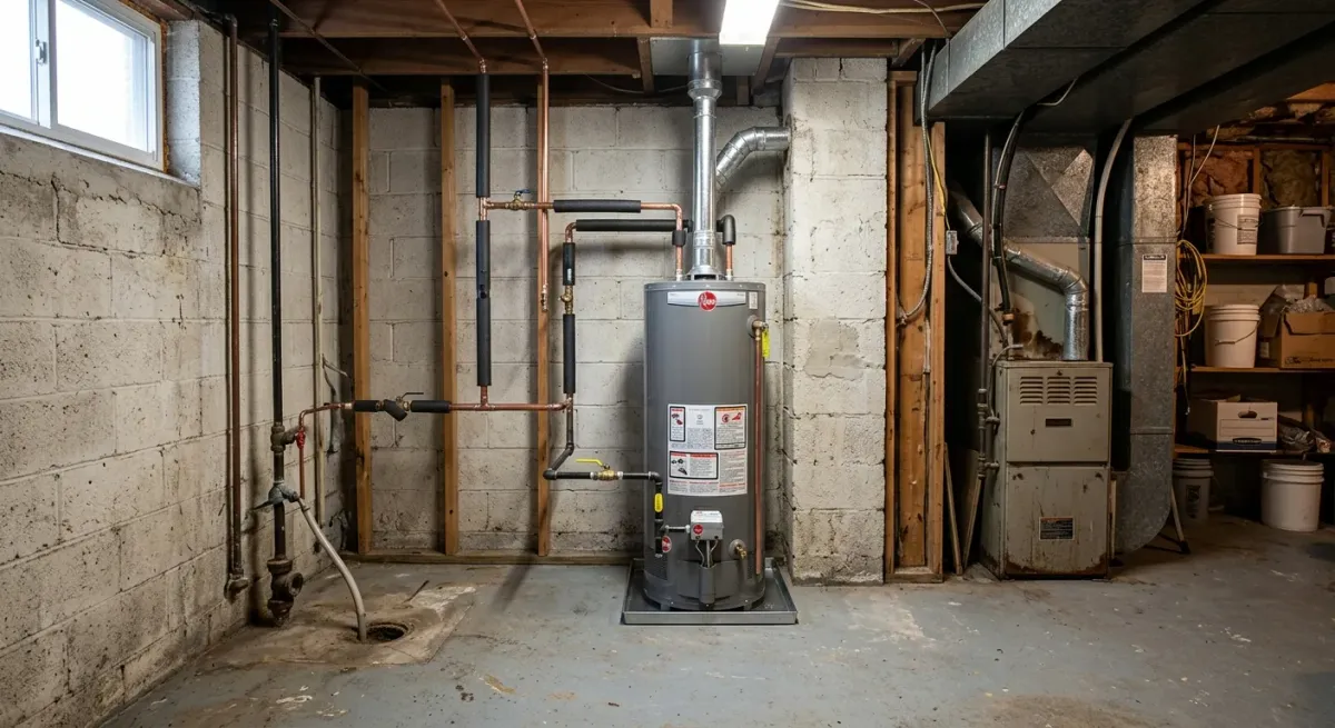 Water heater and furnace in an unfinished basement