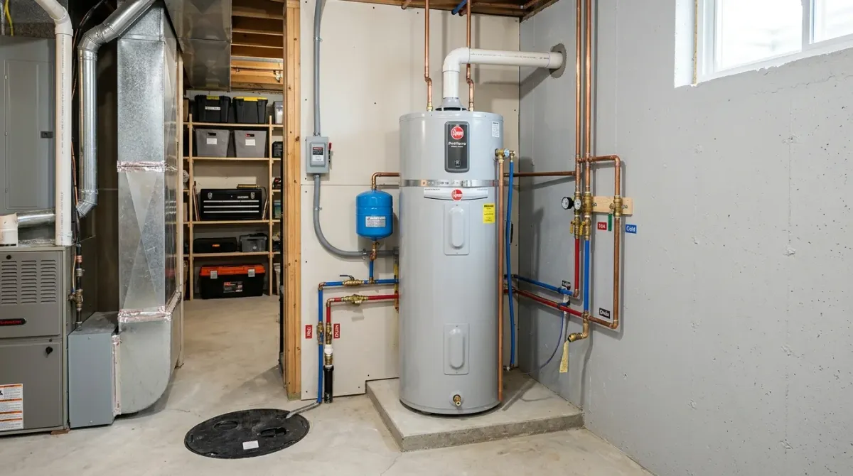 Water heater and expansion tank in a basement