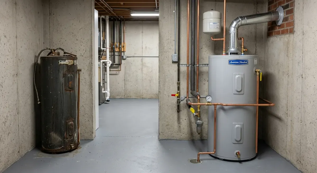 Old and new water heaters side by side in a basement