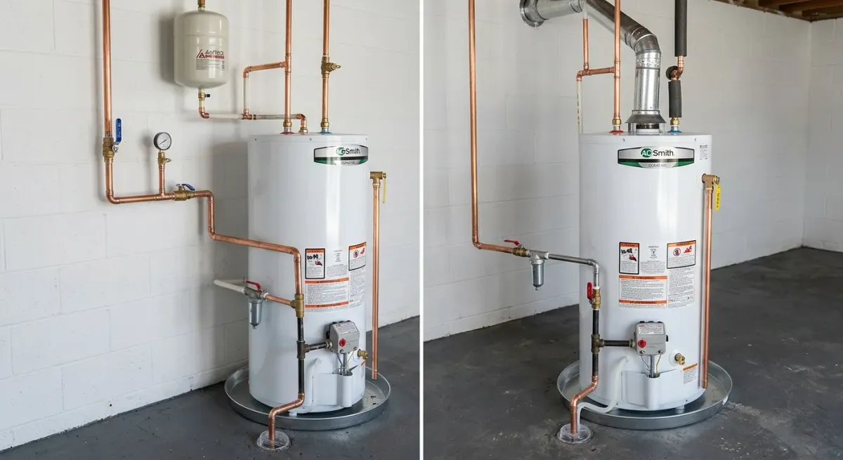 New water heater with copper piping, two views