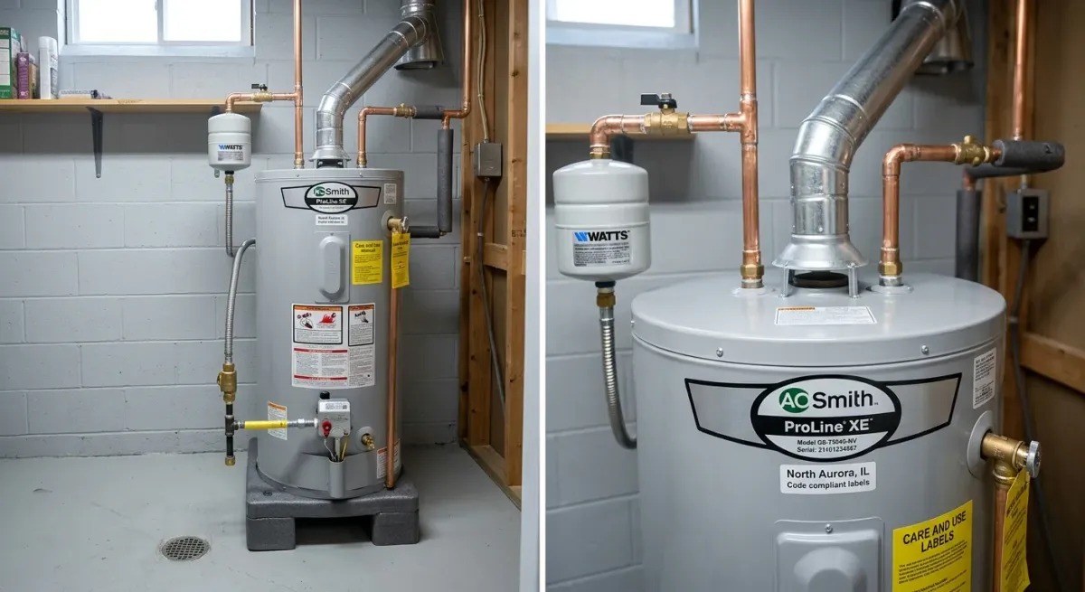 Gas water heater in a basement, full and close-up views
