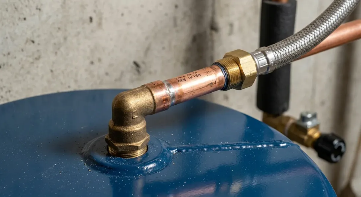Copper connector on top of a water heater