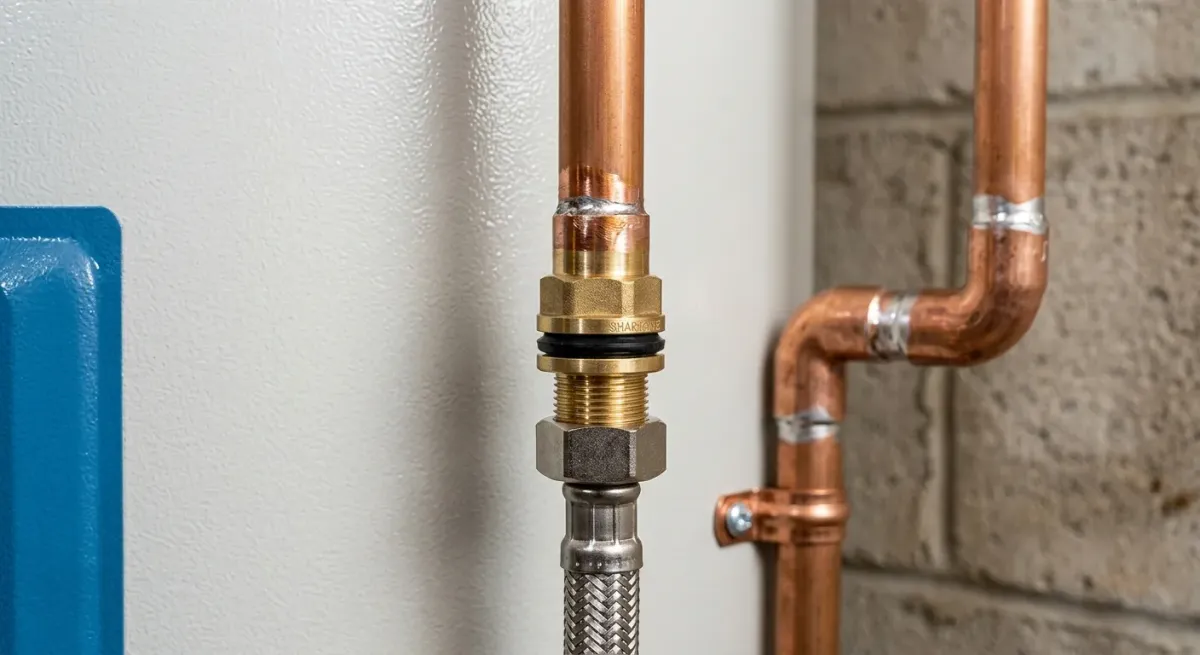 Copper supply line with a flexible connector at a block wall