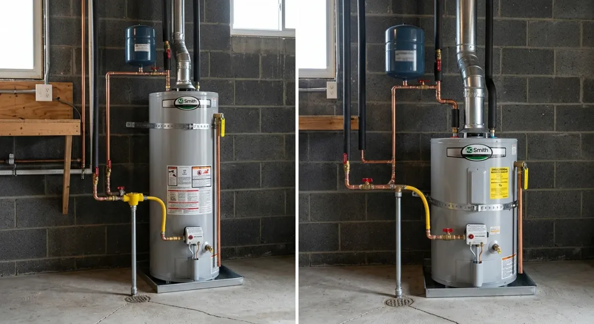 Gas water heater against a block wall, two views