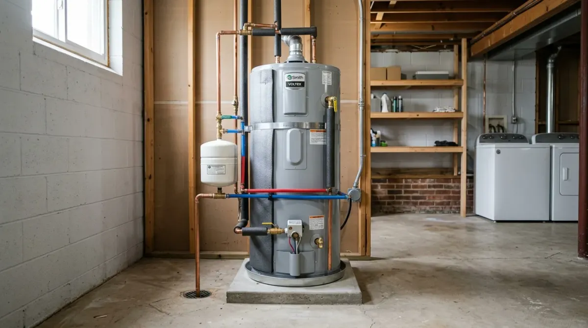 Water heater on a stand in a basement laundry area