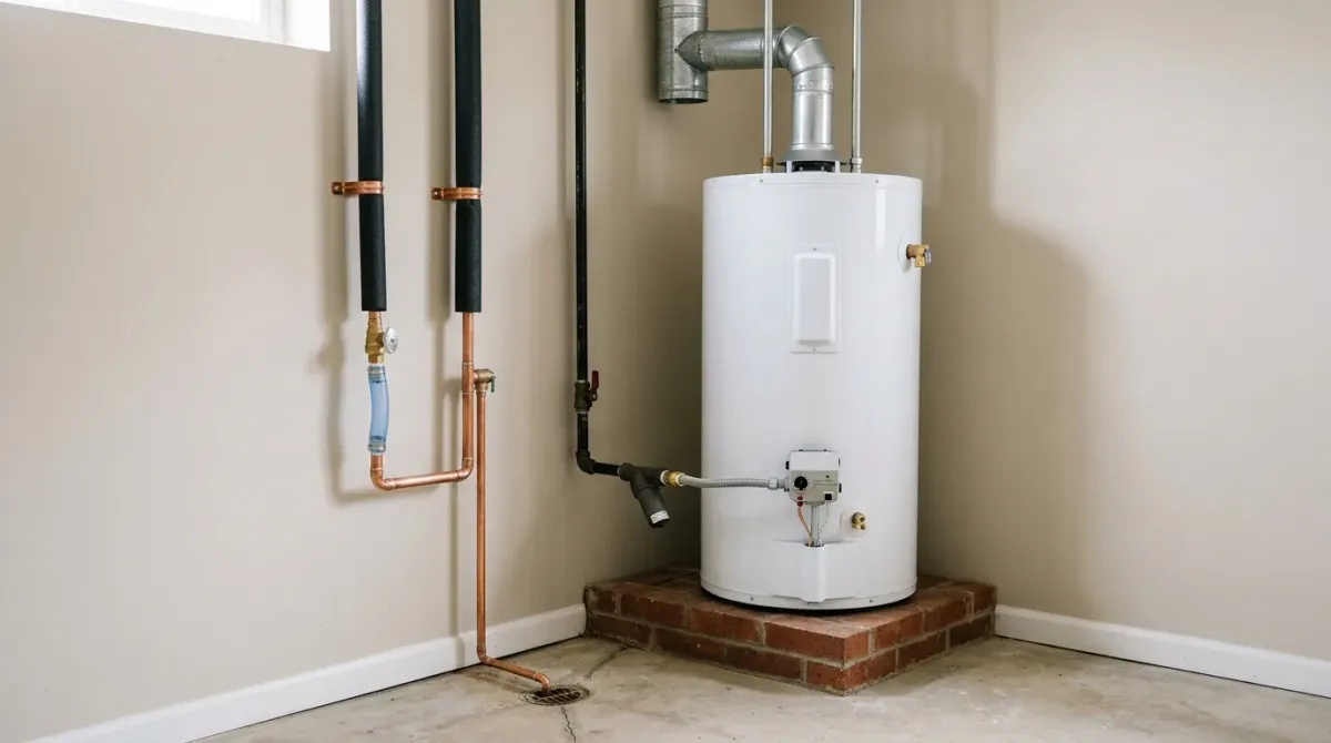 Water heater on a raised brick base