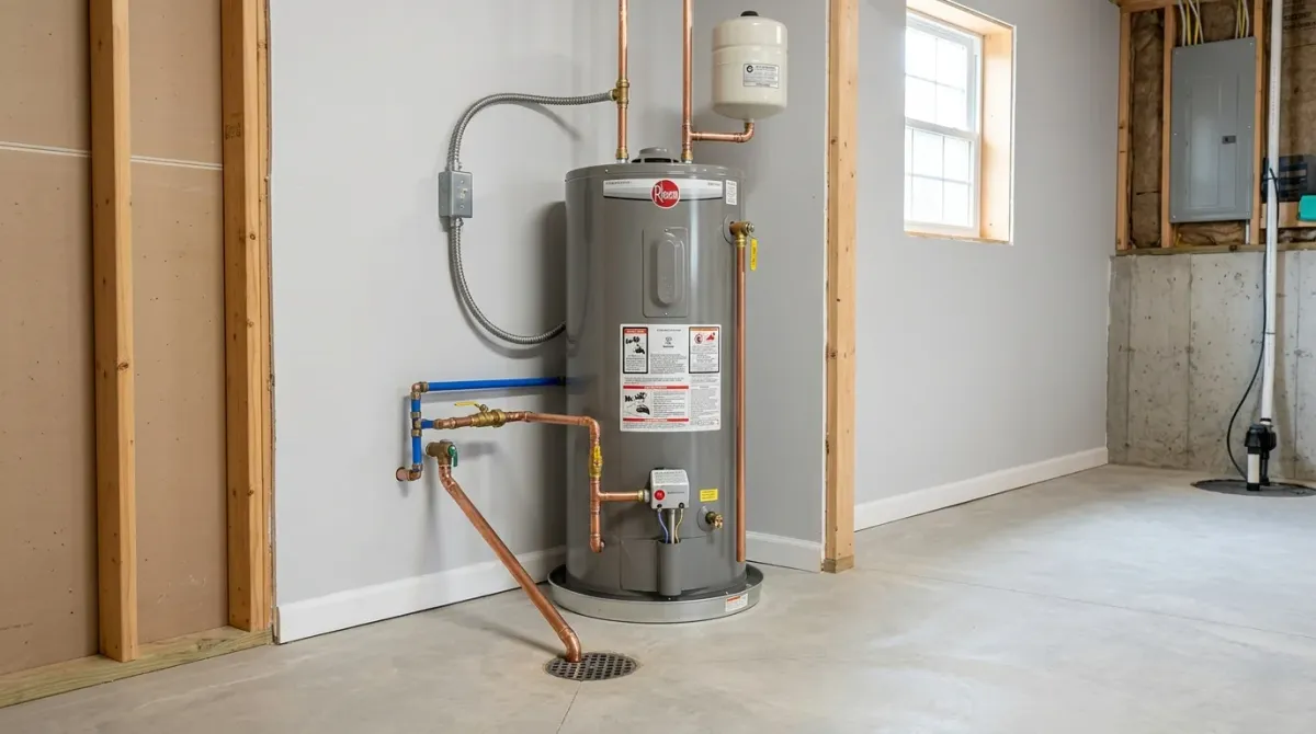 Electric water heater in a basement
