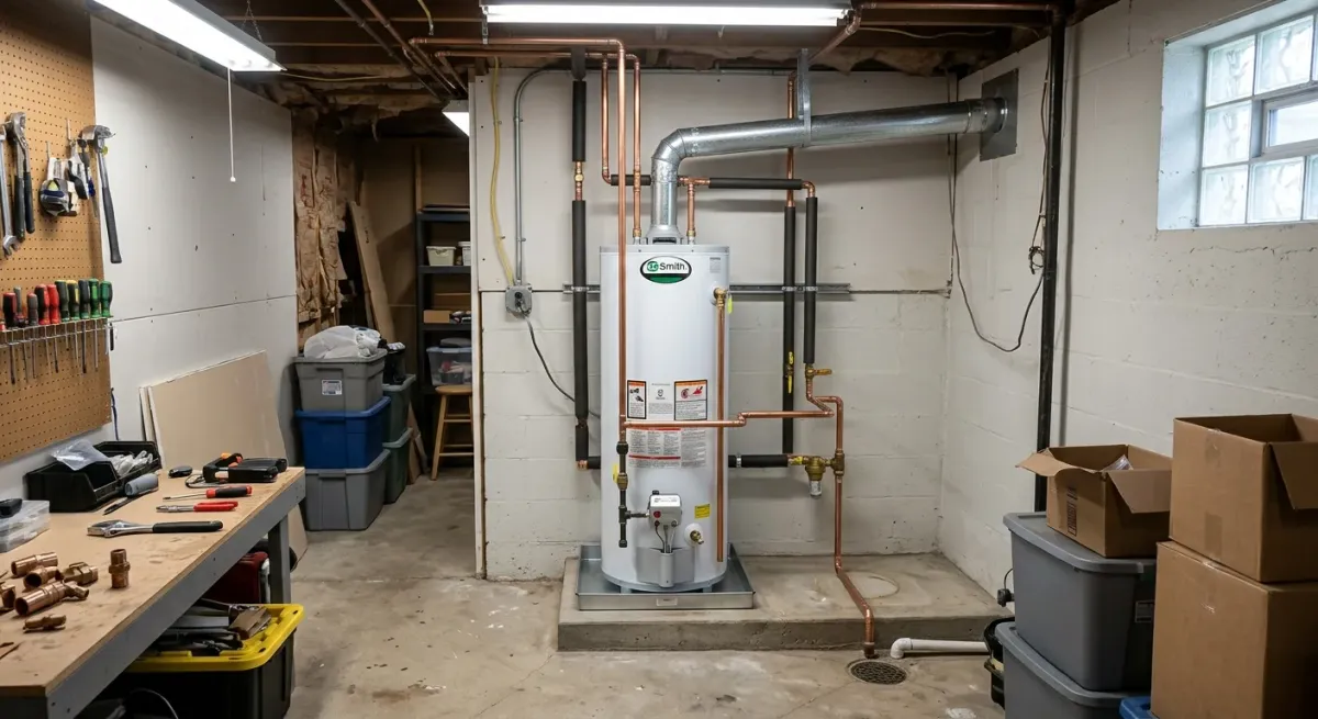 Water heater in a basement workshop