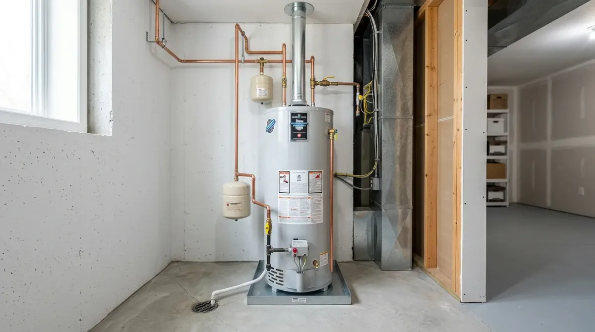 Water heater with an expansion tank in a basement