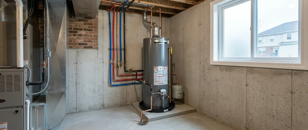 Water heater beside a furnace in a basement