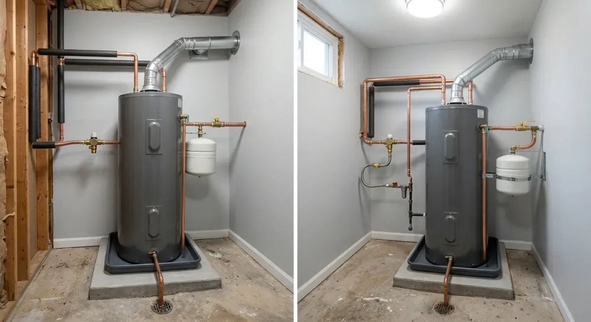 Water heater in a basement closet, two views