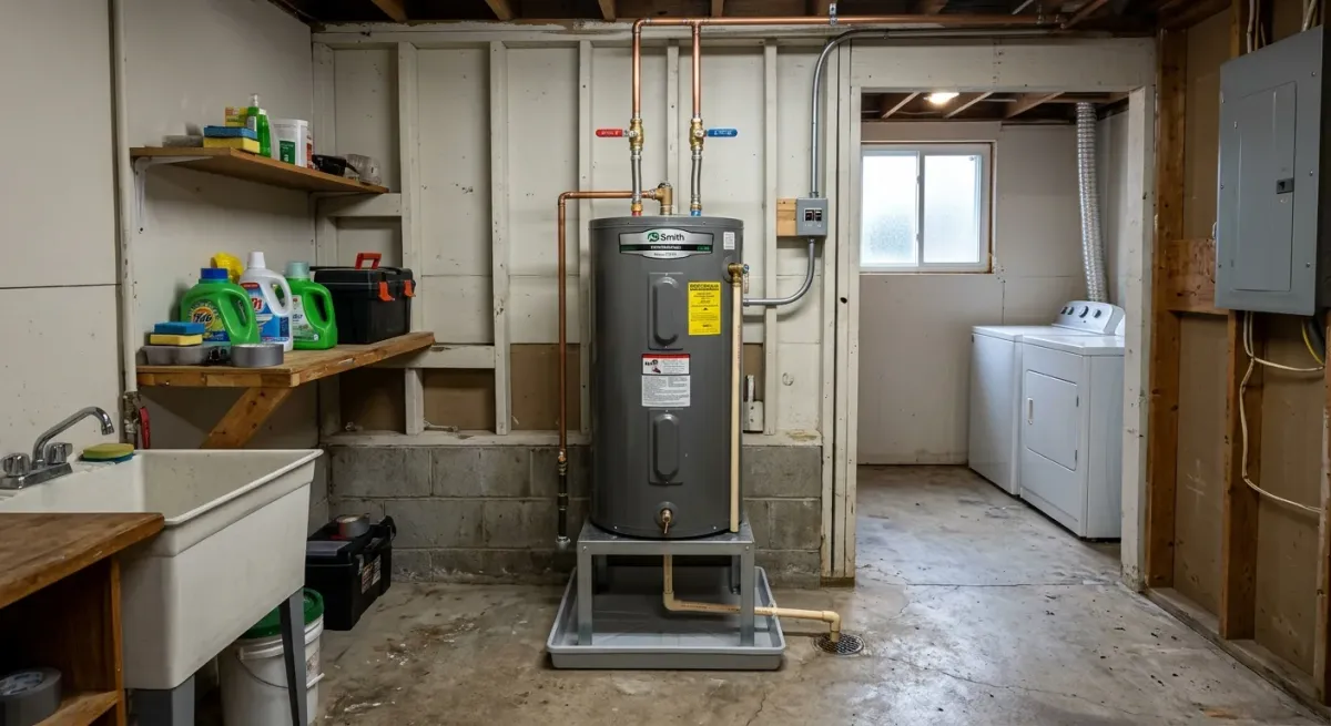 Water heater on a stand in a basement laundry room