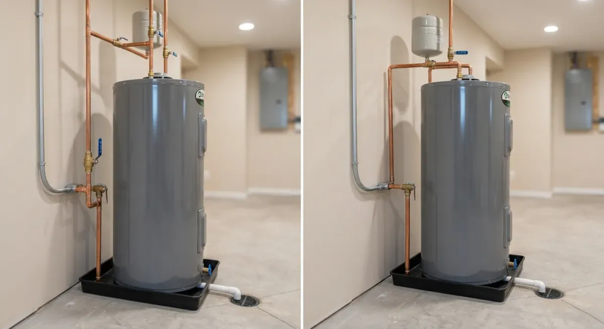 Water heater in a drain pan, two views