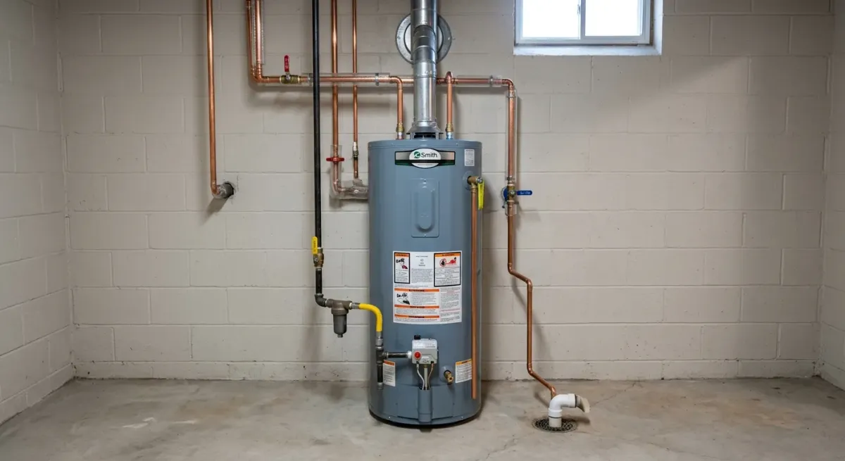 Gas water heater against a white block wall