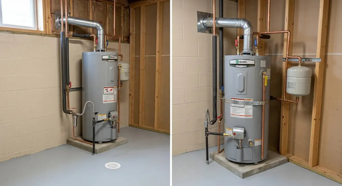 Water heater in a basement, two views