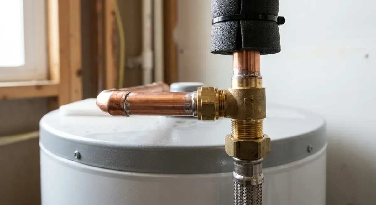 Copper and brass fittings on top of a water heater