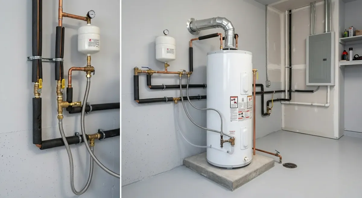 Water heater with expansion tank and piping, two views