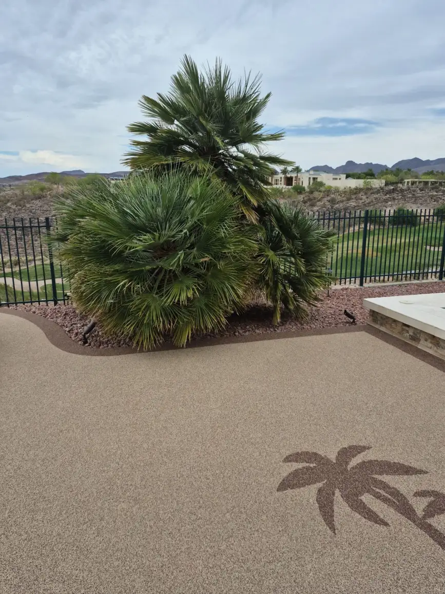 Decorative concrete patio with palm tree landscaping in a residential desert setting with mountains in the background.