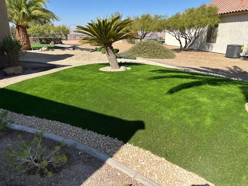 Artificial turf lawn installation in a residential backyard with desert landscaping, featuring synthetic grass bordered by decorative gravel and mature palm trees.
