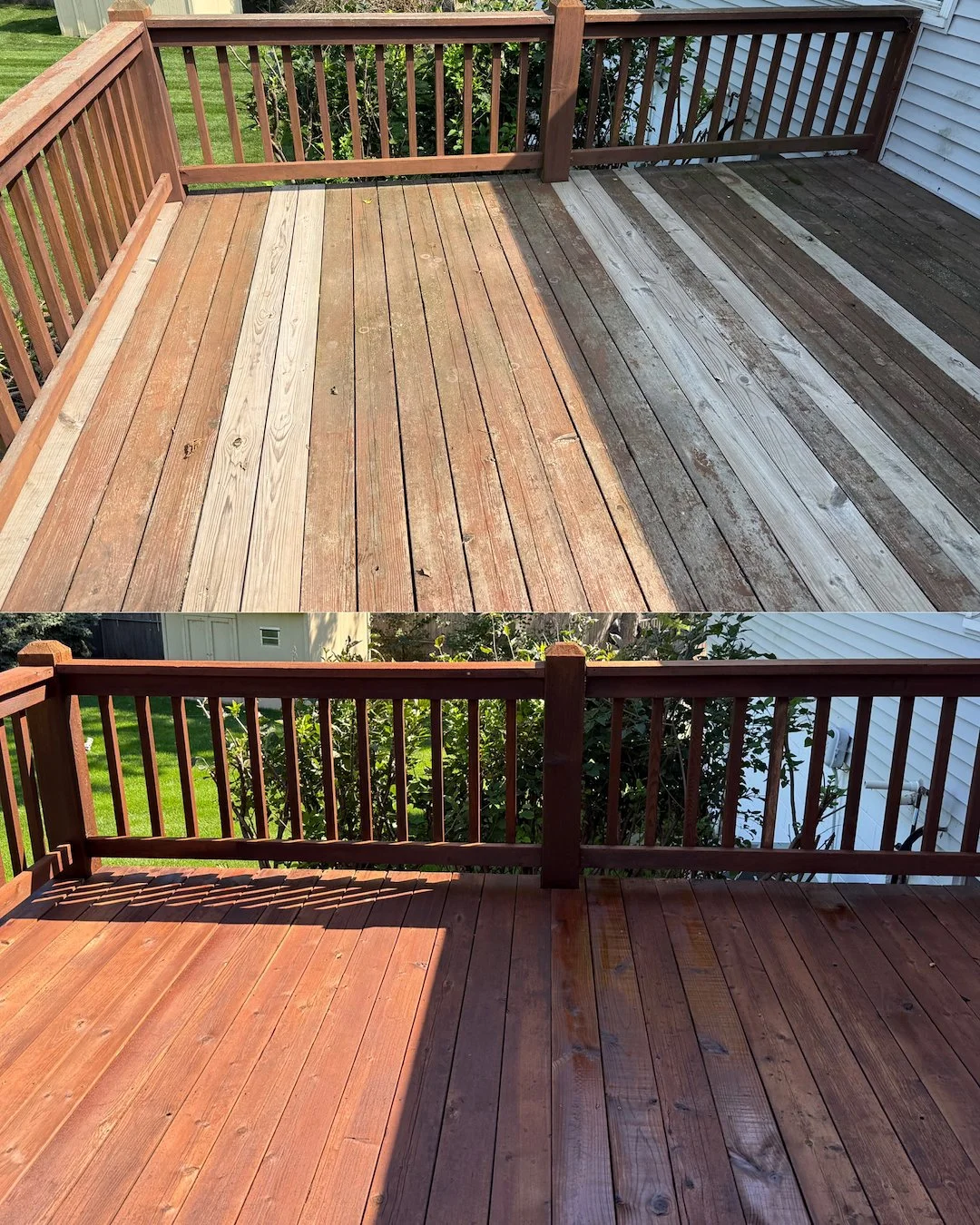 Wooden residential deck with one side pressure washed clean and the other side still weathered and gray, showing the difference prep work makes before staining