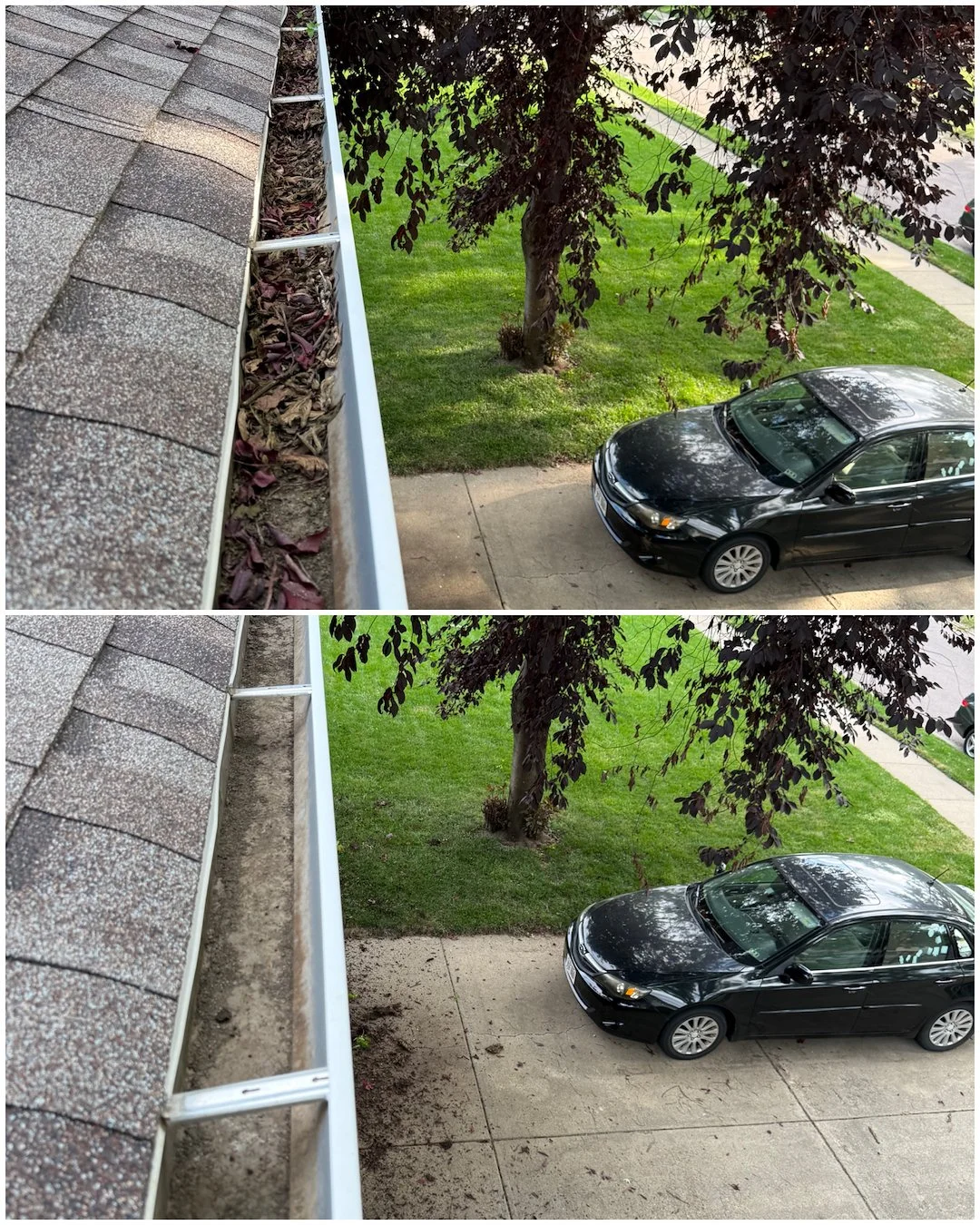 Gutter cleaning and pressure washing service shown in a before-and-after comparison of a residential gutter system with debris removal.